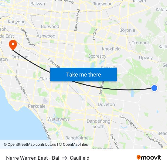 Narre Warren East - Bal to Caulfield map