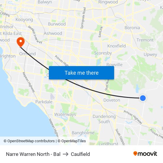 Narre Warren North - Bal to Caulfield map