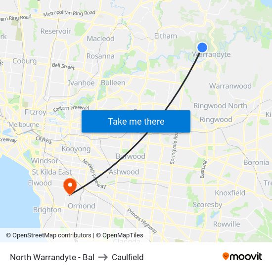 North Warrandyte - Bal to Caulfield map