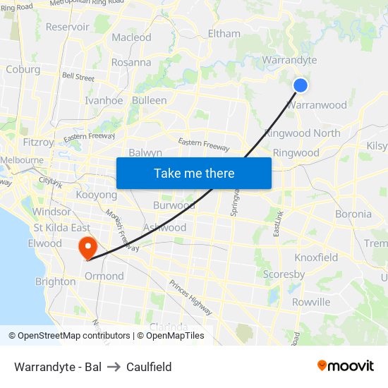 Warrandyte - Bal to Caulfield map