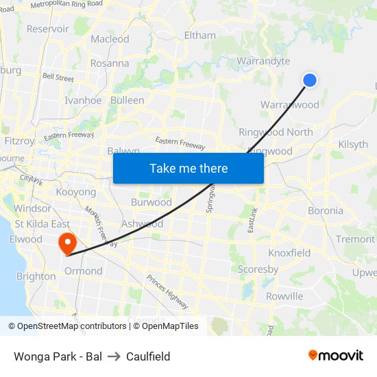 Wonga Park - Bal to Caulfield map