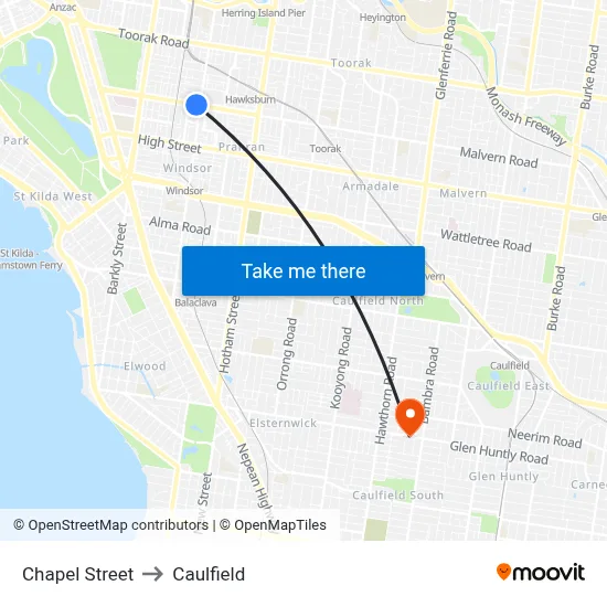 Chapel Street to Caulfield map