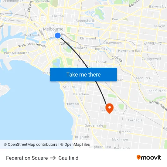 Federation Square to Caulfield map