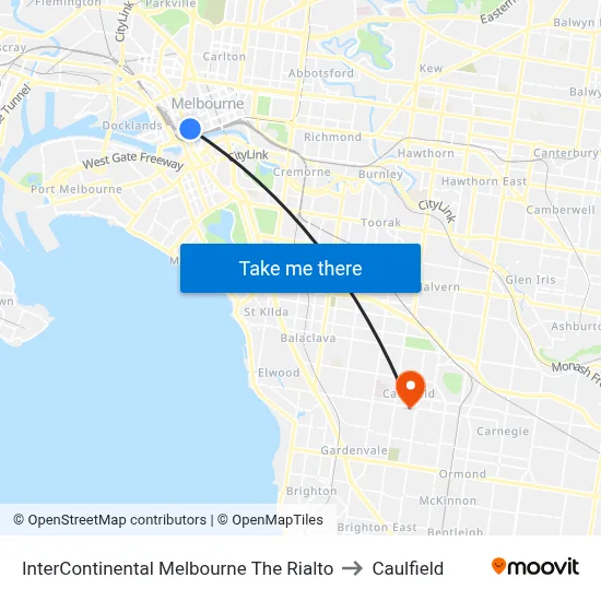 InterContinental Melbourne The Rialto to Caulfield map