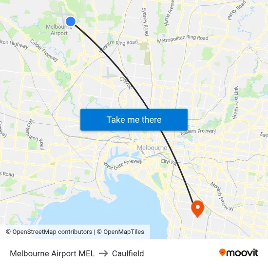 Melbourne Airport MEL to Caulfield map