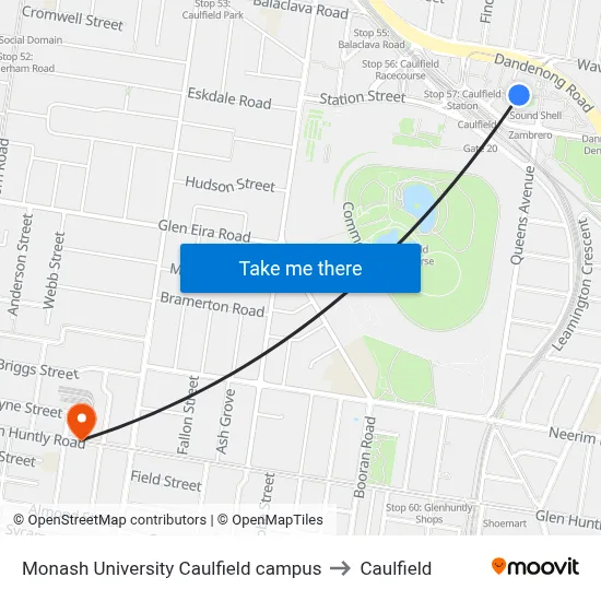 Monash University Caulfield campus to Caulfield map
