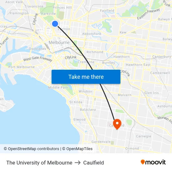 The University of Melbourne to Caulfield map