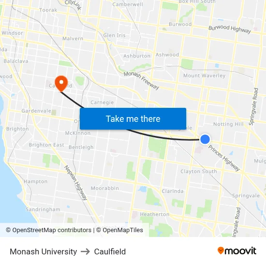 Monash University to Caulfield map