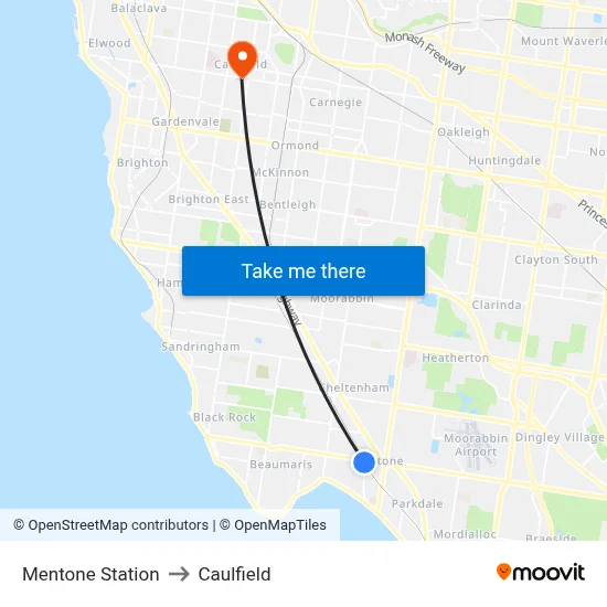 Mentone Station to Caulfield map
