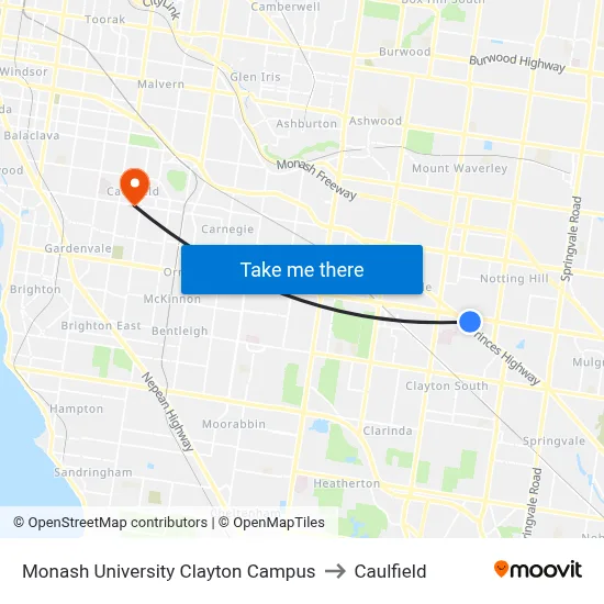 Monash University Clayton Campus to Caulfield map