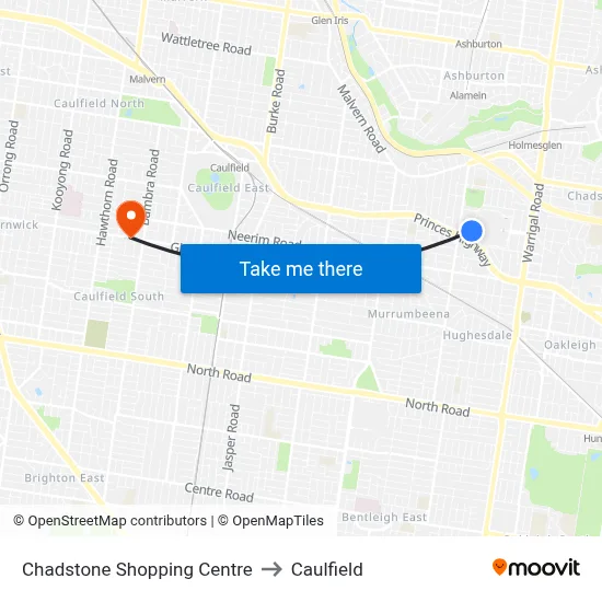 Chadstone Shopping Centre to Caulfield map