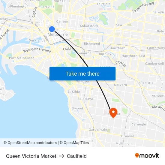 Queen Victoria Market to Caulfield map