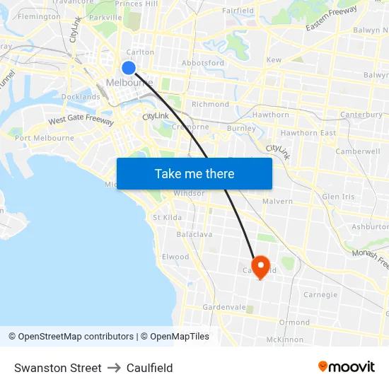 Swanston Street to Caulfield map