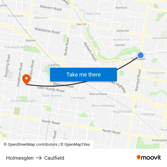 Holmesglen to Caulfield map