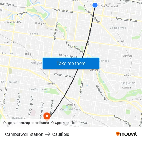 Camberwell Station to Caulfield map