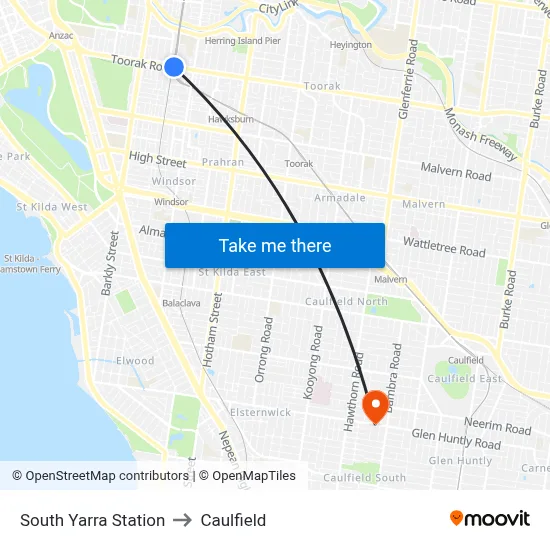 South Yarra Station to Caulfield map