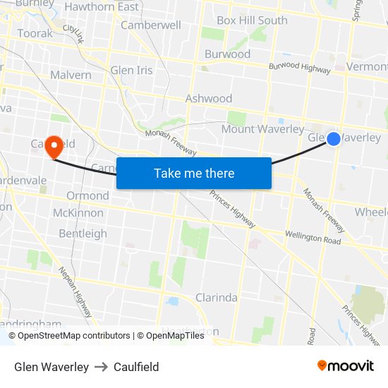 Glen Waverley to Caulfield map