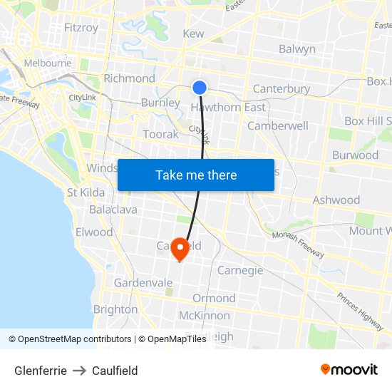 Glenferrie to Caulfield map