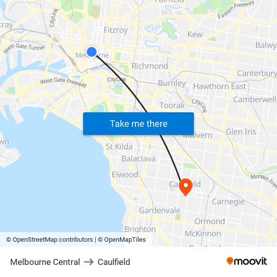 Melbourne Central to Caulfield map