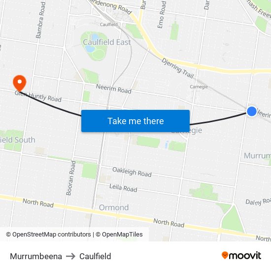 Murrumbeena to Caulfield map