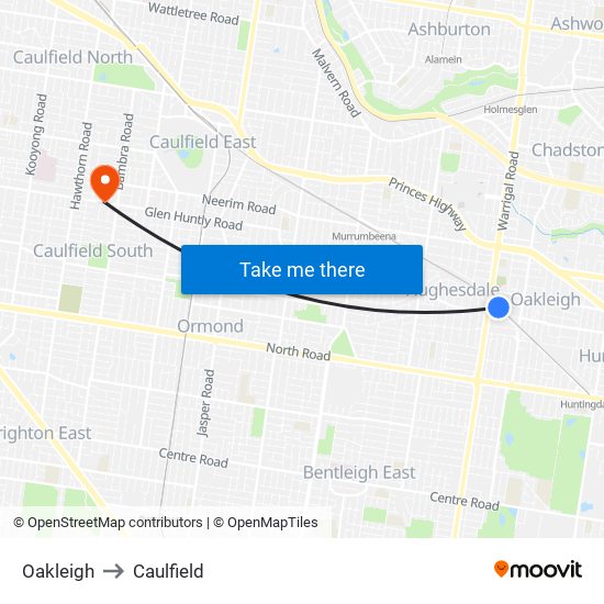 Oakleigh to Caulfield map