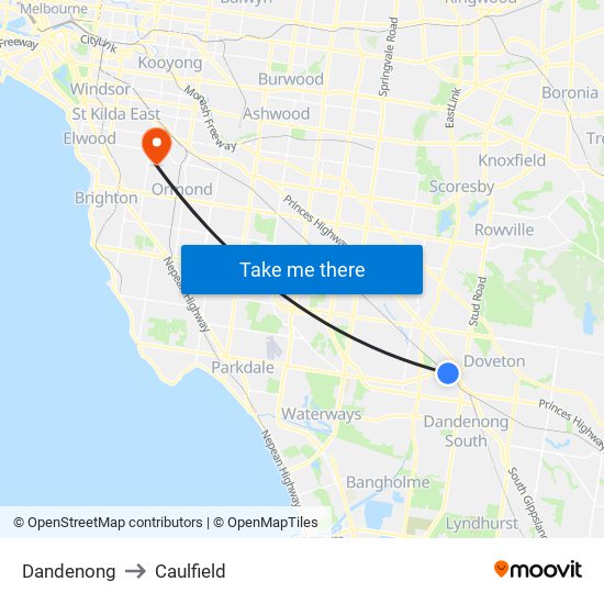 Dandenong to Caulfield map