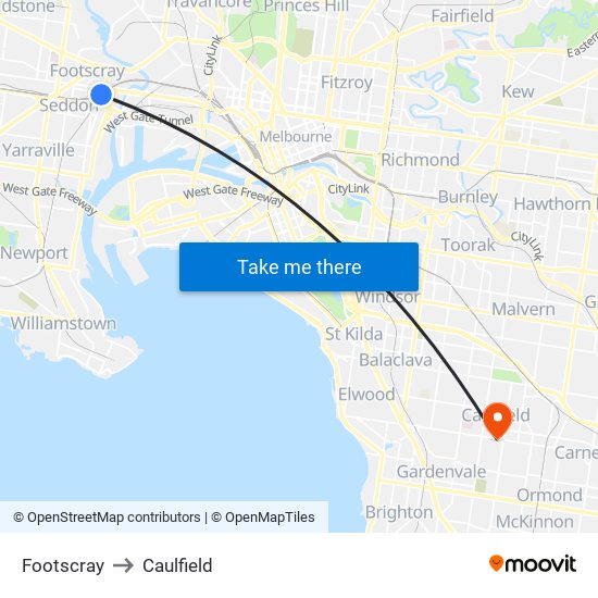 Footscray to Caulfield map