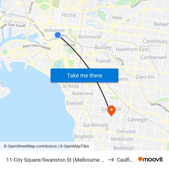 11-City Square/Swanston St (Melbourne City) to Caulfield map