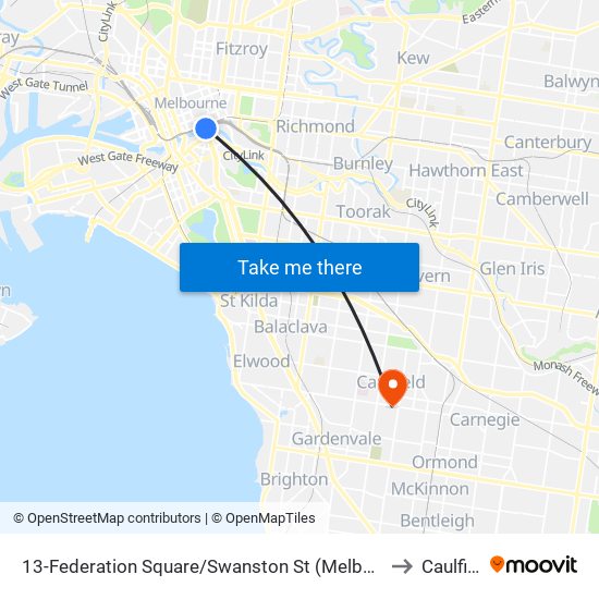 13-Federation Square/Swanston St (Melbourne City) to Caulfield map