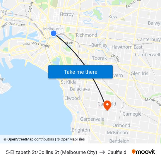 5-Elizabeth St/Collins St (Melbourne City) to Caulfield map