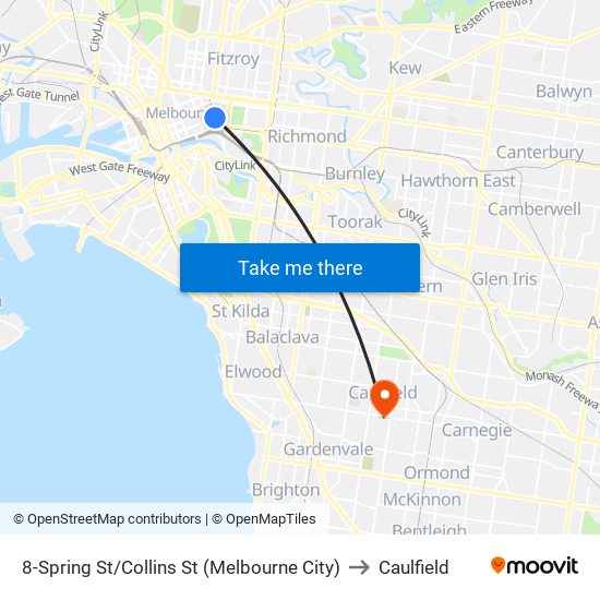 8-Spring St/Collins St (Melbourne City) to Caulfield map