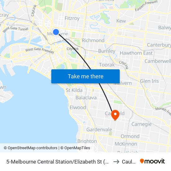 5-Melbourne Central Station/Elizabeth St (Melbourne City) to Caulfield map
