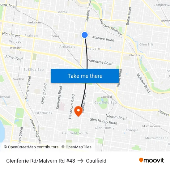Glenferrie Rd/Malvern Rd #43 to Caulfield map