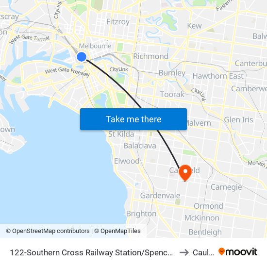 122-Southern Cross Railway Station/Spencer St (Melbourne City) to Caulfield map