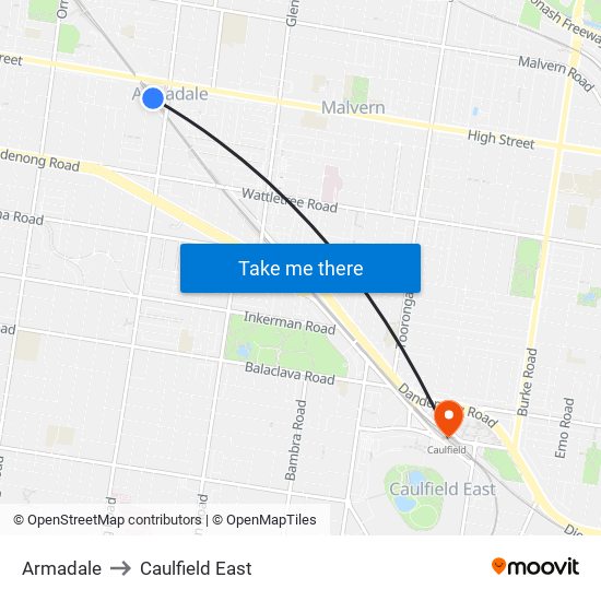 Armadale to Caulfield East map