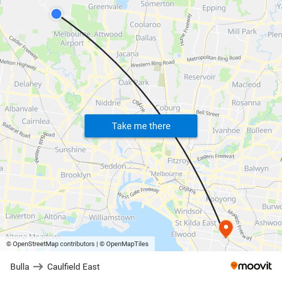 Bulla to Caulfield East map