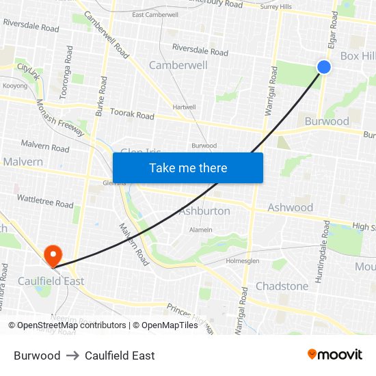 Burwood to Caulfield East map