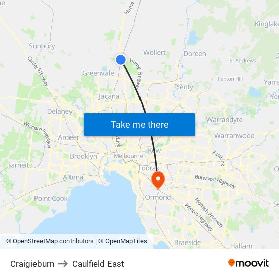 Craigieburn to Caulfield East map