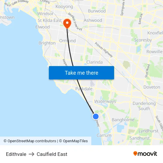Edithvale to Caulfield East map