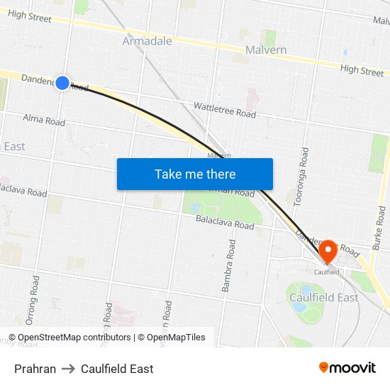 Prahran to Caulfield East map