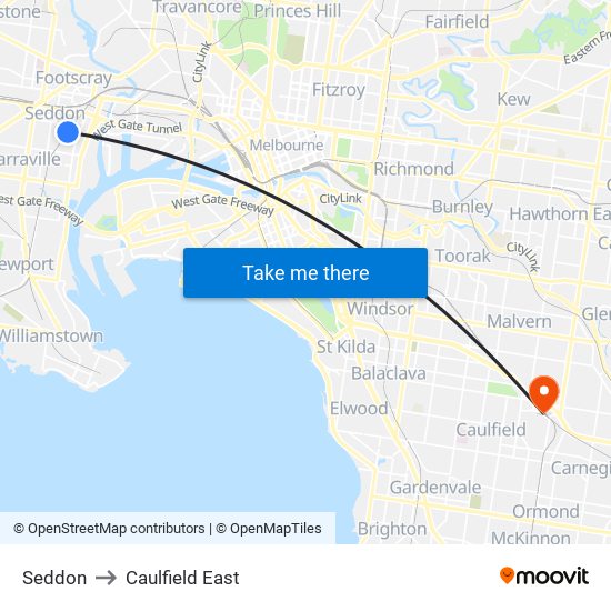 Seddon to Caulfield East map