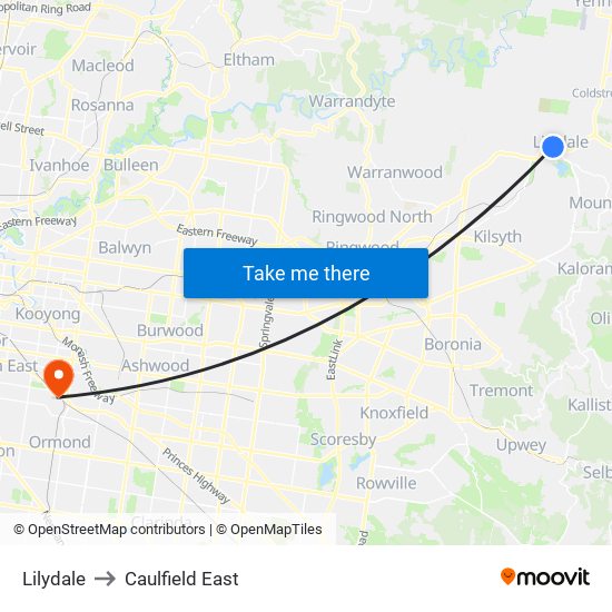 Lilydale to Caulfield East map