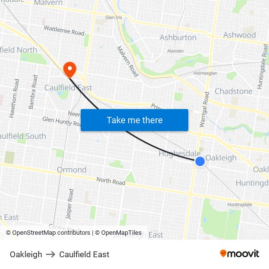 Oakleigh to Caulfield East map