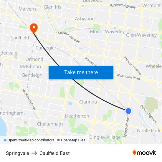 Springvale to Caulfield East map