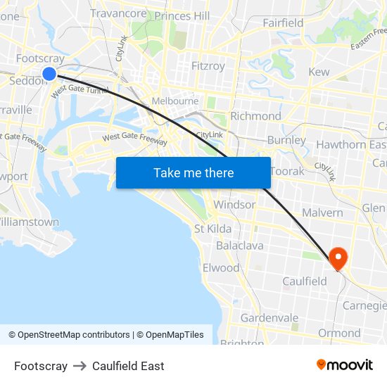 Footscray to Caulfield East map