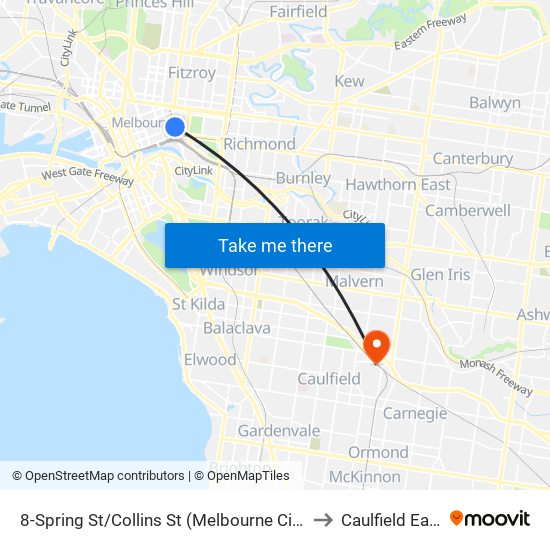 8-Spring St/Collins St (Melbourne City) to Caulfield East map