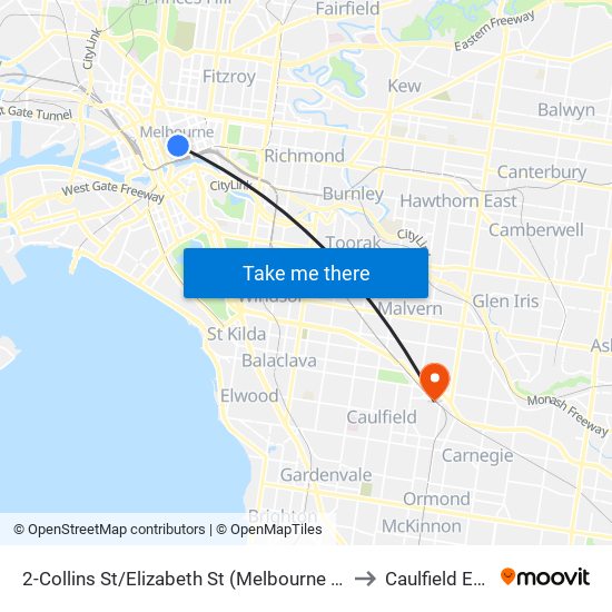 2-Collins St/Elizabeth St (Melbourne City) to Caulfield East map