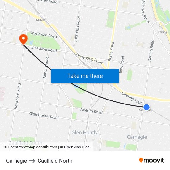 Carnegie to Caulfield North map