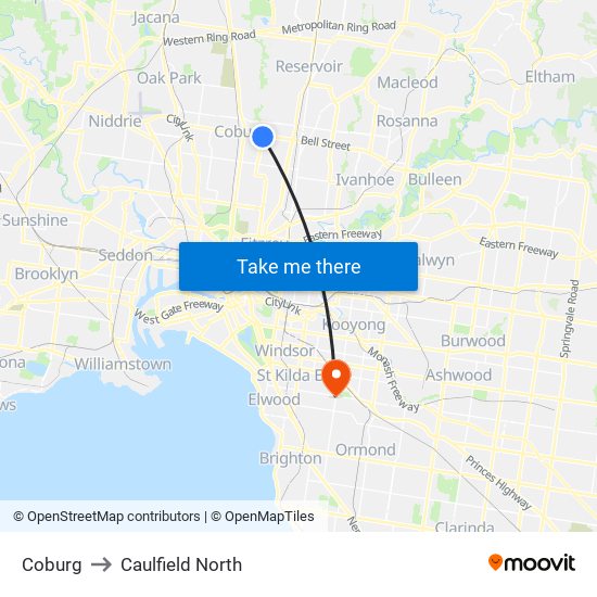 Coburg to Caulfield North map