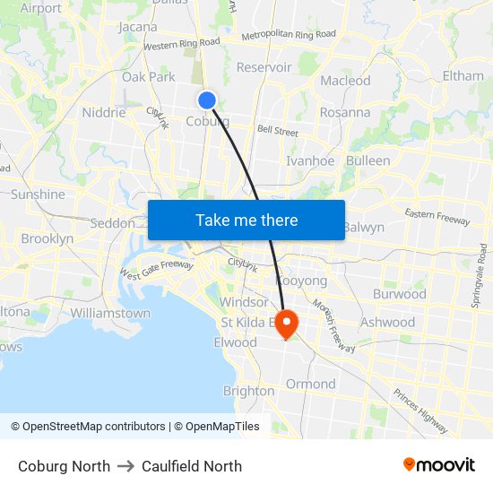 Coburg North to Caulfield North map